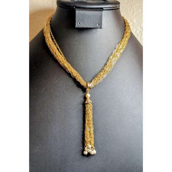 VTG Multi Gold Tone Chain Faux Pearl Dangle Tassel Barrel Clasp 16.5" Necklace - Picture 1 of 6